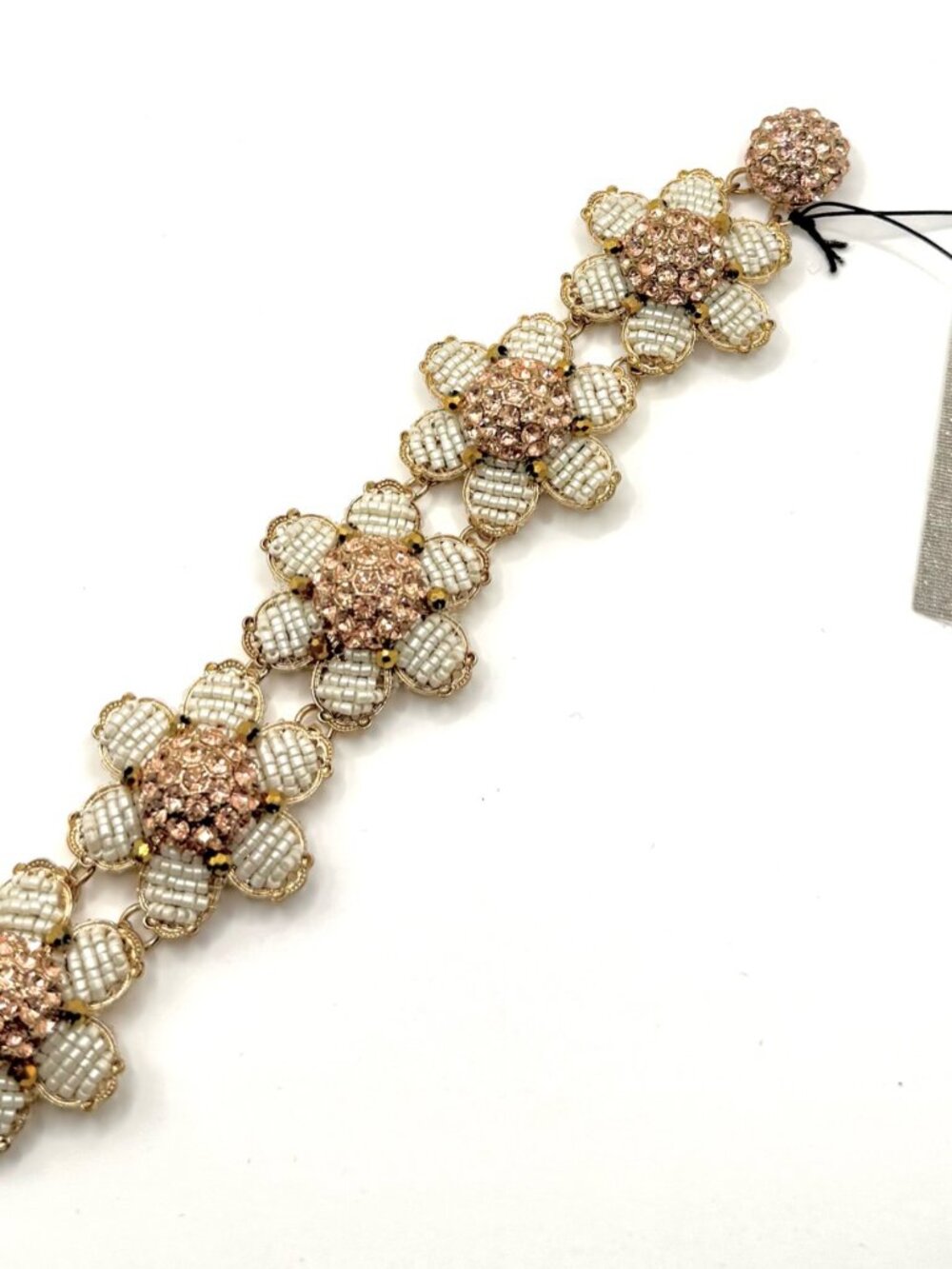 Miriam Haskell NWT Floral Link Bracelet White Beads Pink Rhinestones